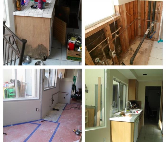 4 images of wet cabinets, flood cuts, and floor covers due to mold growth.